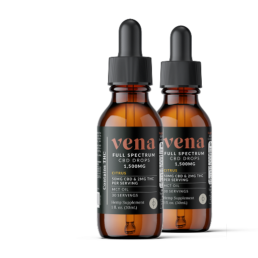Front view of two amber Vena full-spectrum CBD tincture bottles, citrus flavor, 1,500 mg total on white background