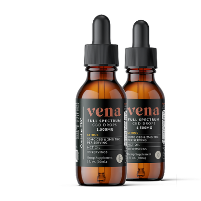 Front view of two amber Vena full-spectrum CBD tincture bottles, citrus flavor, 1,500 mg total on white background