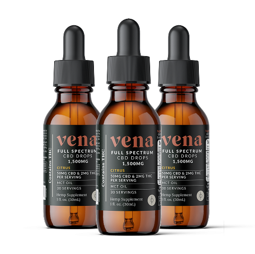 Three amber glass dropper bottles of Vena full-spectrum CBD drops — 1,500MG, citrus flavor, 30 servings