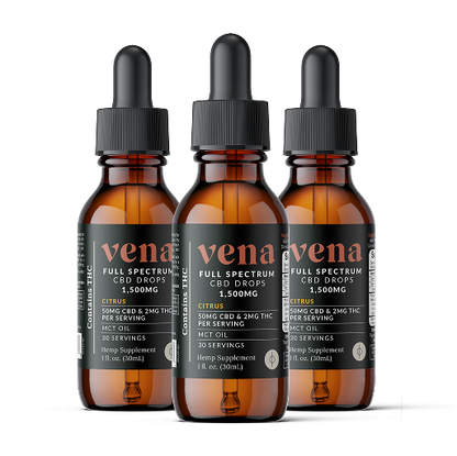 Three amber glass dropper bottles of Vena full-spectrum CBD drops — 1,500MG, citrus flavor, 30 servings