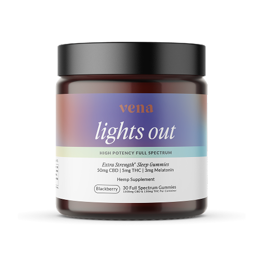 Vena Lights Out blackberry sleep gummies, extra-strength full-spectrum formula, 30-count jar with label showing 50 mg CBD, 5 mg THC, and 5 mg melatonin per gummy.