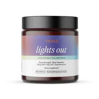 Vena Lights Out blackberry sleep gummies, extra-strength full-spectrum formula, 30-count jar with label showing 50 mg CBD, 5 mg THC, and 5 mg melatonin per gummy.