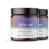 VENA lights out scented jar candles, two glass jars with black lids, front jar purple-pink label and blue jar behind