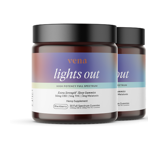 VENA lights out scented jar candles, two glass jars with black lids, front jar purple-pink label and blue jar behind