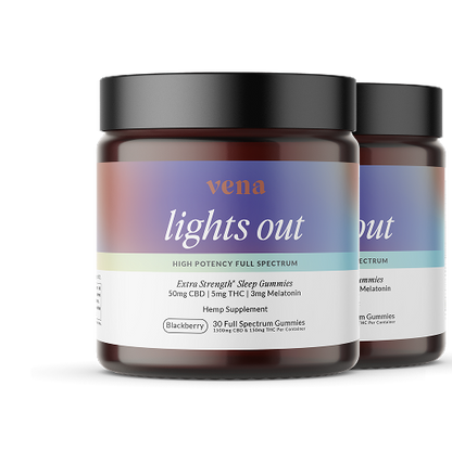 VENA lights out scented jar candles, two glass jars with black lids, front jar purple-pink label and blue jar behind