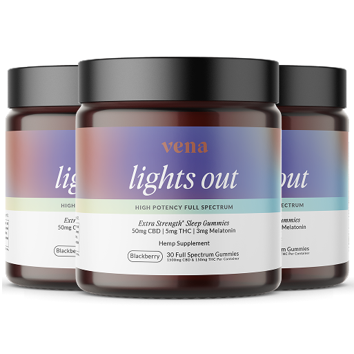 vena lights out, HIGH POTENCY FULL SPECTRUM sleep gummies — Extra Strength; 50mg CBD, 5mg THC, 3mg Melatonin; Blackberry, 30 count