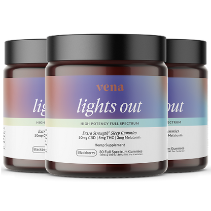 vena lights out, HIGH POTENCY FULL SPECTRUM sleep gummies — Extra Strength; 50mg CBD, 5mg THC, 3mg Melatonin; Blackberry, 30 count