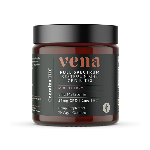 vena FULL SPECTRUM RESTFUL NIGHT CBD BITES MIXED BERRY 3mg Melatonin 25mg CBD 2mg THC Contains Hemp Supplement 30 Vegan Gummies