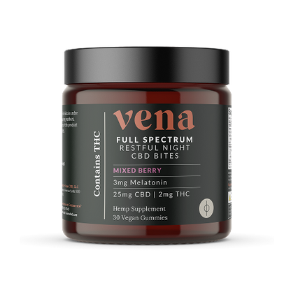vena FULL SPECTRUM RESTFUL NIGHT CBD BITES MIXED BERRY 3mg Melatonin 25mg CBD 2mg THC Contains Hemp Supplement 30 Vegan Gummies