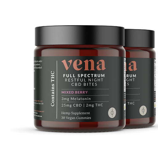 vena FULL SPECTRUM RESTFUL NIGHT CBD BITES MIXED BERRY 3mg Melatonin 25mg CBD | 2mg THC Hemp Supplement 30 Vegan Gummies Contains THC