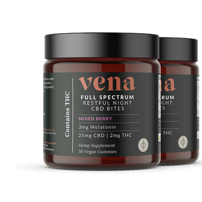 vena FULL SPECTRUM RESTFUL NIGHT CBD BITES MIXED BERRY 3mg Melatonin 25mg CBD | 2mg THC Hemp Supplement 30 Vegan Gummies Contains THC