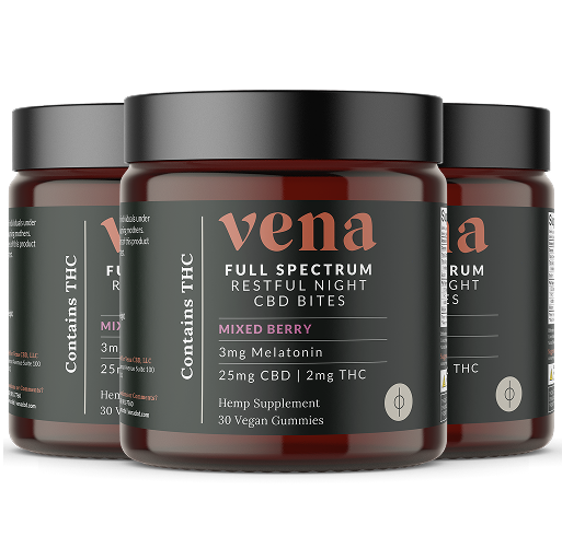 Three Vena jars of Full Spectrum Restful Night CBD Bites, mixed berry flavor; product labels visible.
