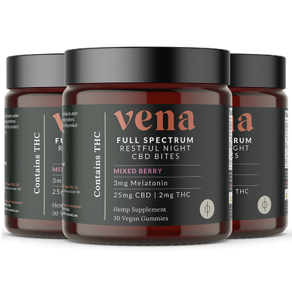 Three Vena jars of Full Spectrum Restful Night CBD Bites, mixed berry flavor; product labels visible.