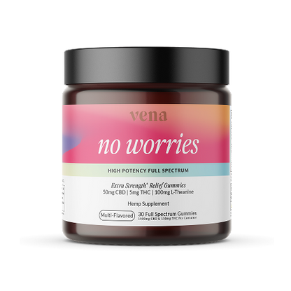 vena no worries HIGH POTENCY FULL SPECTRUM jar of hemp supplement gummies in amber jar with black lid