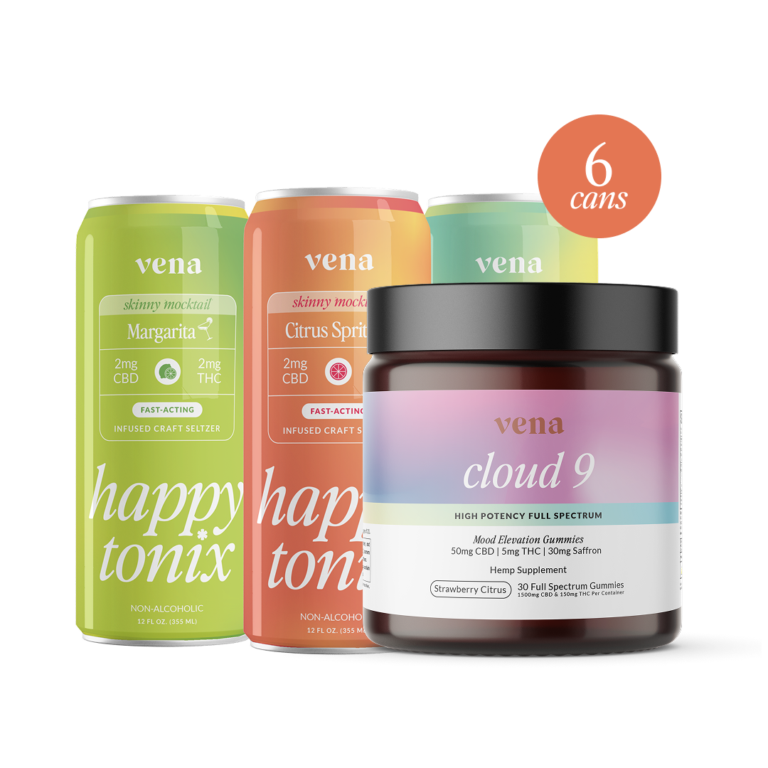 Three Vena cans (Margarita, Citrus Spritz) with a Vena "Cloud 9" gummy jar and orange badge reading "6 cans".