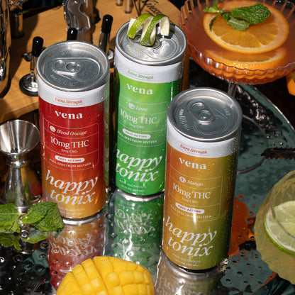 Three Vena cans labeled Blood Orange, Lime, Mango showing Vena, happy tonix, 10mg THC, 5mg CBD
