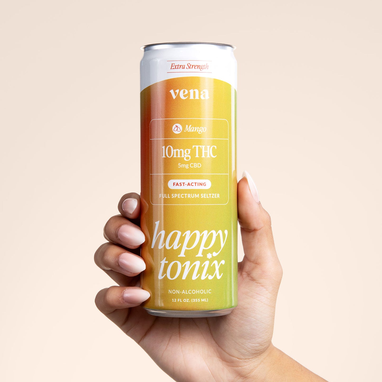 Extra Strength;vena;Mango;10mg THC;5mg CBD;FAST-ACTING;FULL SPECTRUM SELTZER;happy tonix;NON-ALCOHOLIC;12 FL OZ. (355 ML)