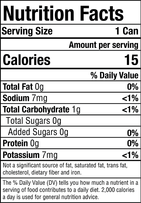 Nutrition Facts — Serving Size 1 Can, Calories 15, Total Fat 0g, Sodium 7mg, Total Carbohydrate 1g, Protein 0g