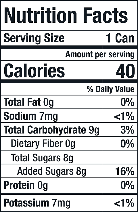 Nutrition facts label showing serving size 1 can, 40 calories, 9 g total carbs, 8 g added sugars (16% DV), 0 g fat