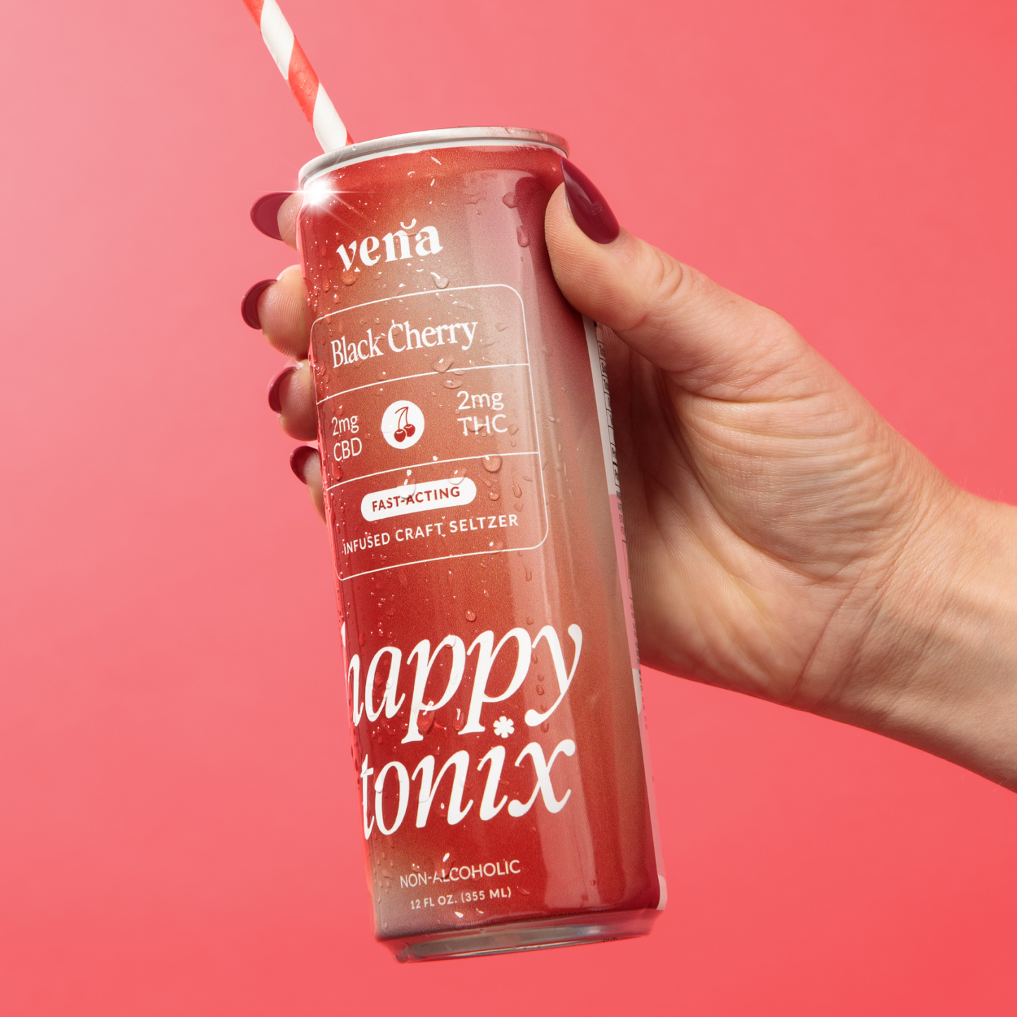 vena, Black Cherry, 2mg CBD, 2mg THC, FAST-ACTING, INFUSED CRAFT SELTZER, happy tonix, NON-ALCOHOLIC, 12 FL OZ (355 ML)