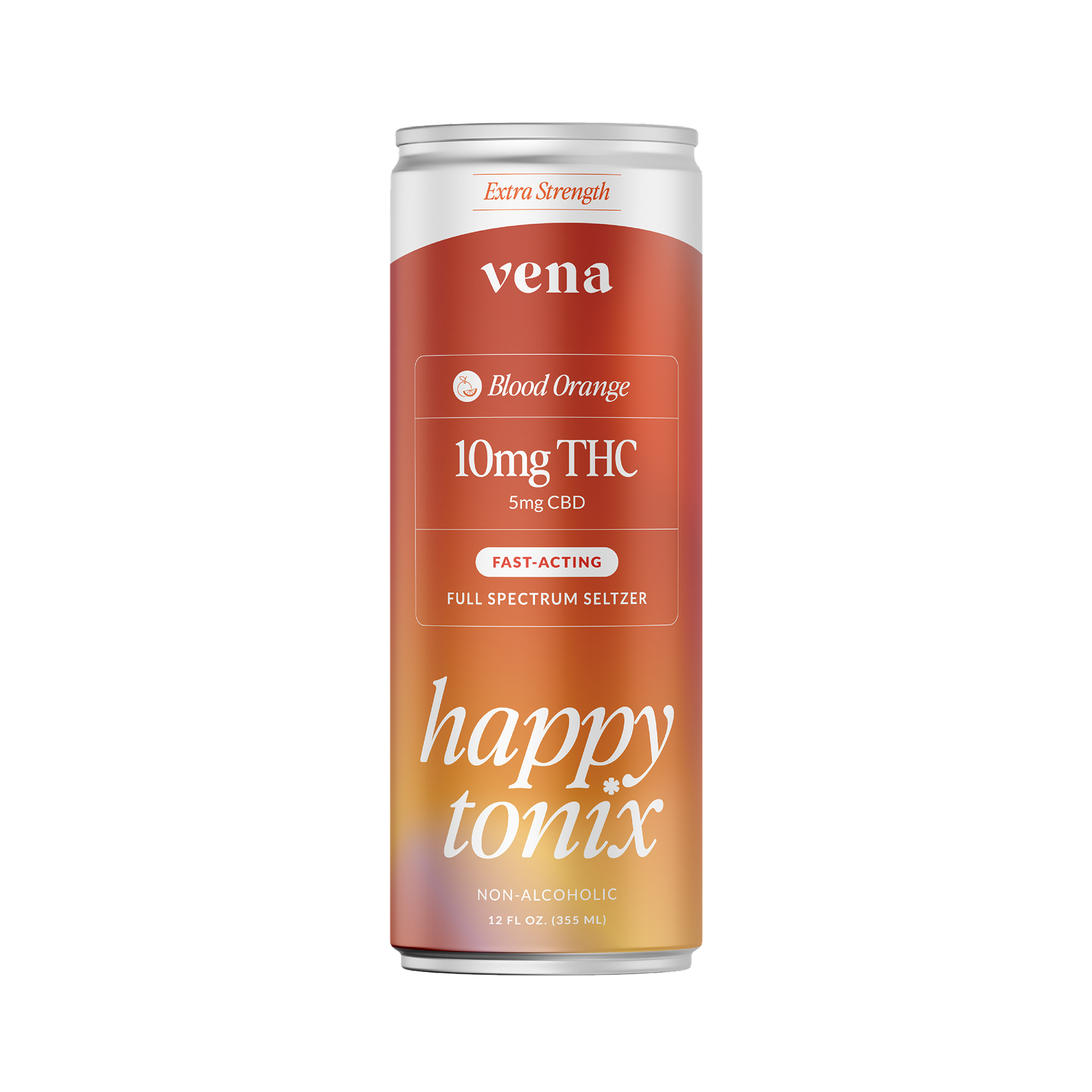 vena Blood Orange can labeled 10mg THC, happy tonix, NON ALCOHOLIC — orange-gradient nonalcoholic drink