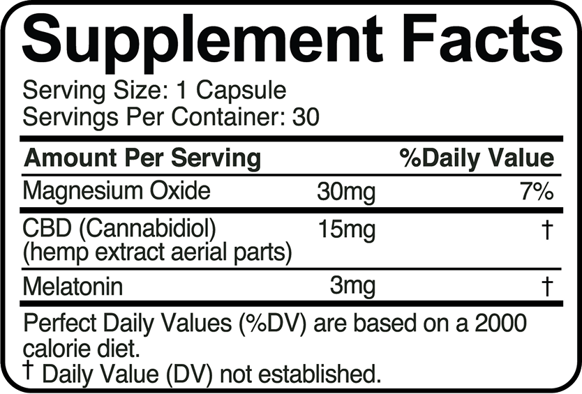 Supplement Facts label showing 1 capsule serving; 30 servings; Magnesium Oxide 30 mg (7% DV); CBD 15 mg; Melatonin 3 mg