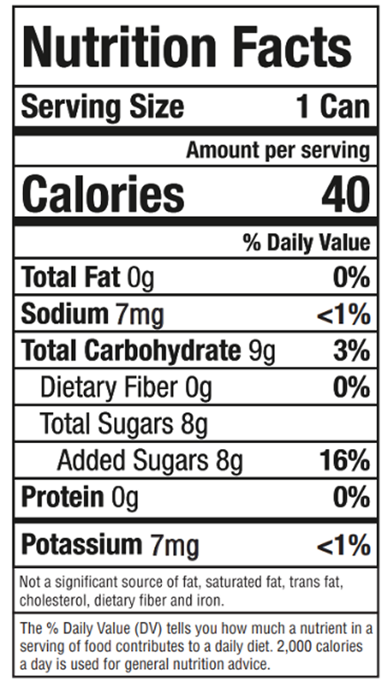 Nutrition Facts label - Serving size 1 can; Calories 40; Total carbs 9g; Sugars 8g (added 8g, 16%); Sodium 7mg; Protein 0g.