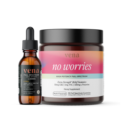 Vena 'no worries' high-potency gummy jar next to full-spectrum CBD citrus dropper bottle