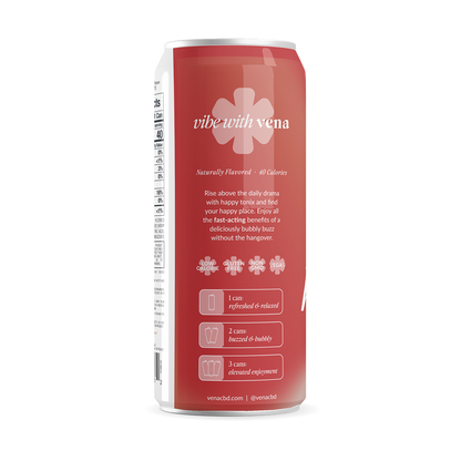 Vibe with Vena can back panel, Naturally Flavored, 40 Calories; 1 can: refreshed; 2: buzzed; 3: elevated; venacbd.com