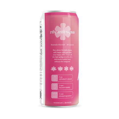 Back of Happy Tonix Grapefruit THC seltzer can showing ‘vibe with vena’ headline, benefits blurb, low-calorie/gluten-free/non-GMO/vegan icons and 1–3 can guidance