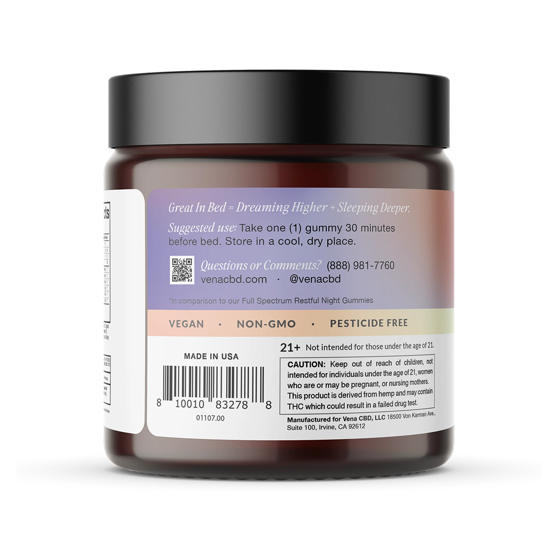 Vena CBD back label showing usage instructions, VEGAN · NON-GMO · PESTICIDE FREE badges and 21+ warning.