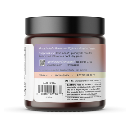 Vena CBD back label showing usage instructions, VEGAN · NON-GMO · PESTICIDE FREE badges and 21+ warning.