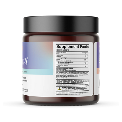 Gummy jar back label: 'Supplement Facts' panel, Serving Size: 1 Gummy (4g), Servings Per Container: 30, FDA warning.