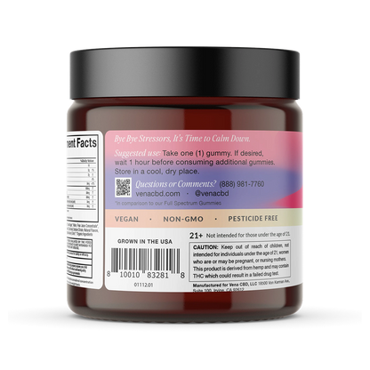 Rear of Vena No Worries gummy jar showing back label with Bye Bye Stressors headline, suggested use and vegan non-GMO badges