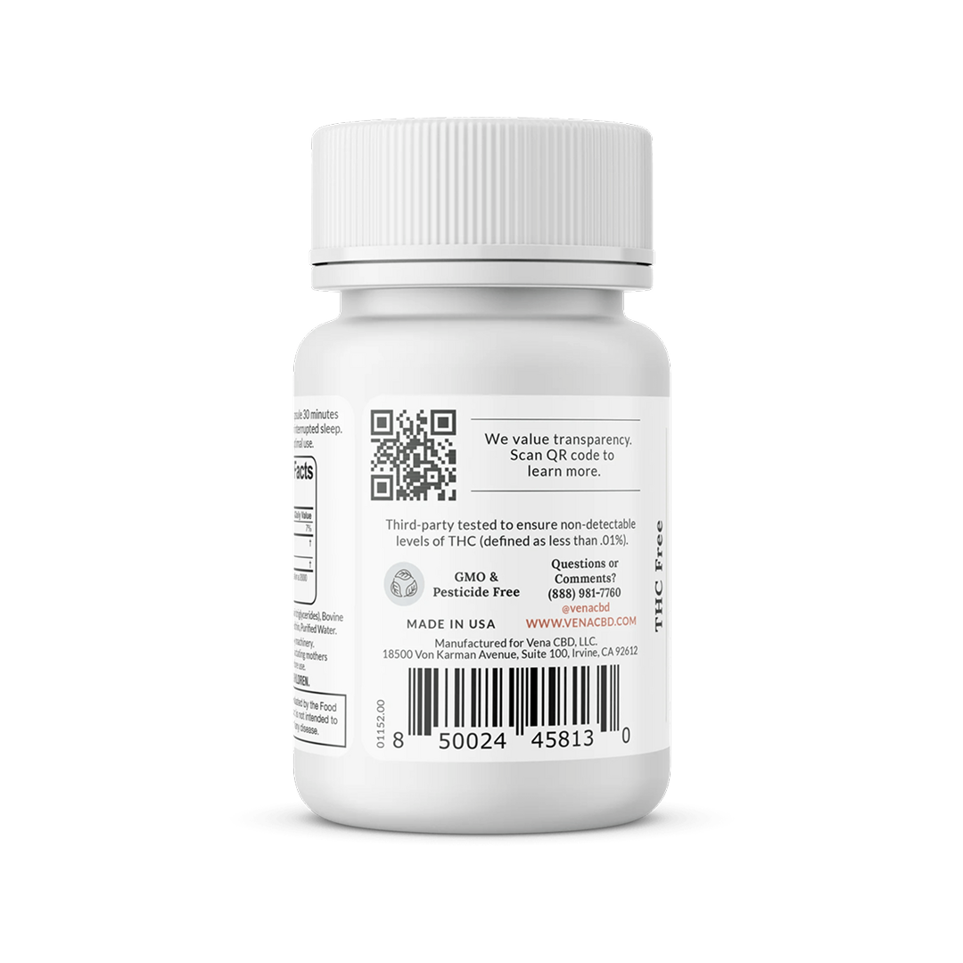 Back view of CBD and Melatonin Sleep Capsules bottle showing label with QR code, barcode, Made in USA, GMO and pesticide free