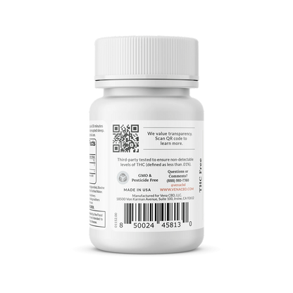 Back view of CBD and Melatonin Sleep Capsules bottle showing label with QR code, barcode, Made in USA, GMO and pesticide free