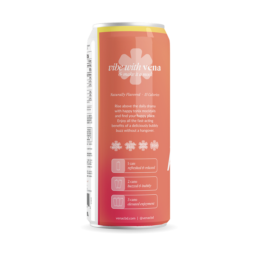 Vibe with Vena back label: 'Naturally Flavored · 15 Calories'; Low Calorie, Gluten Free, Non GMO, Vegan; 1 can refreshed & relaxed