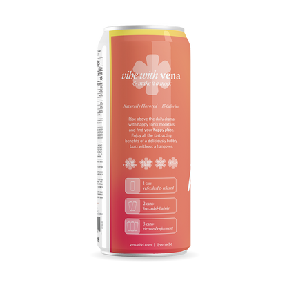 Vibe with Vena back label: 'Naturally Flavored · 15 Calories'; Low Calorie, Gluten Free, Non GMO, Vegan; 1 can refreshed & relaxed