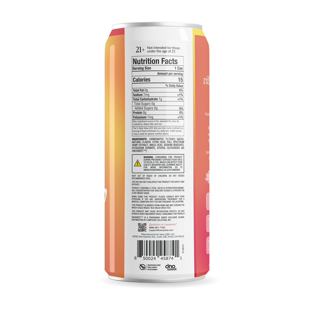 Rear view of Low Calorie THC Seltzer can showing Nutrition Facts panel, serving size 1 can and 15 calories, with 21+ warning on white background