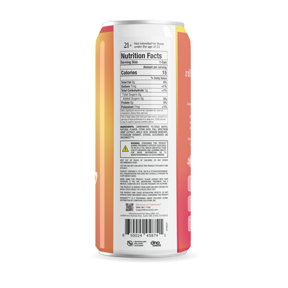 Rear view of Low Calorie THC Seltzer can showing Nutrition Facts panel, serving size 1 can and 15 calories, with 21+ warning on white background