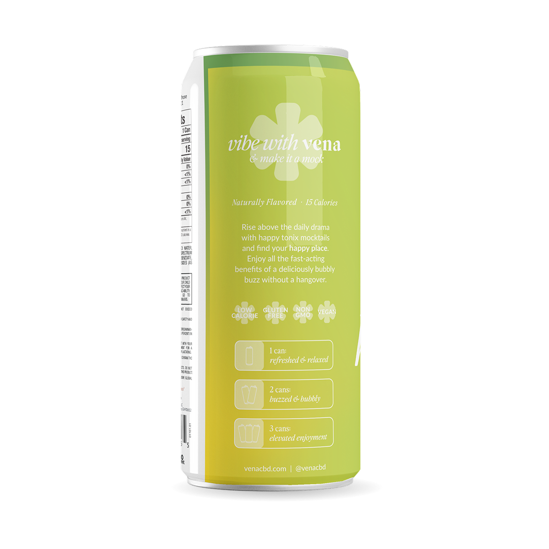 Back view of Low Calorie THC Seltzer can showcasing ‘vibe with vena’ headline, ‘Naturally Flavored 15 Calories’ text and low calorie, gluten free, non GMO, vegan badges on lime green background