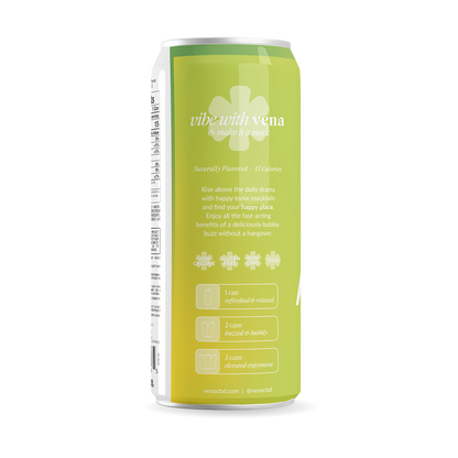 Back view of Low Calorie THC Seltzer can showcasing ‘vibe with vena’ headline, ‘Naturally Flavored 15 Calories’ text and low calorie, gluten free, non GMO, vegan badges on lime green background