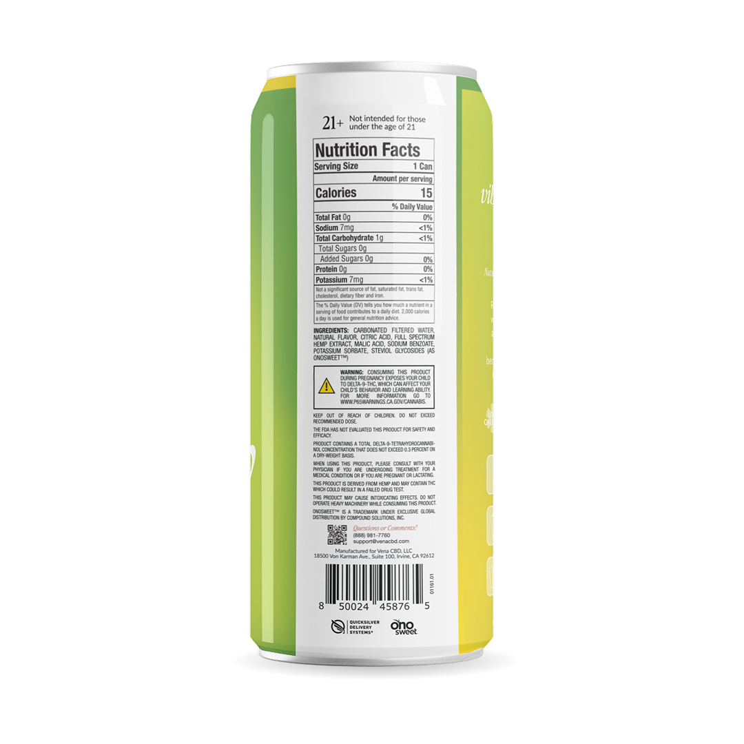 Back of green-yellow can showing Nutrition Facts label, ingredients list, pregnancy warning, QR code and barcode.
