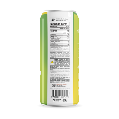 Back of green-yellow can showing Nutrition Facts label, ingredients list, pregnancy warning, QR code and barcode.
