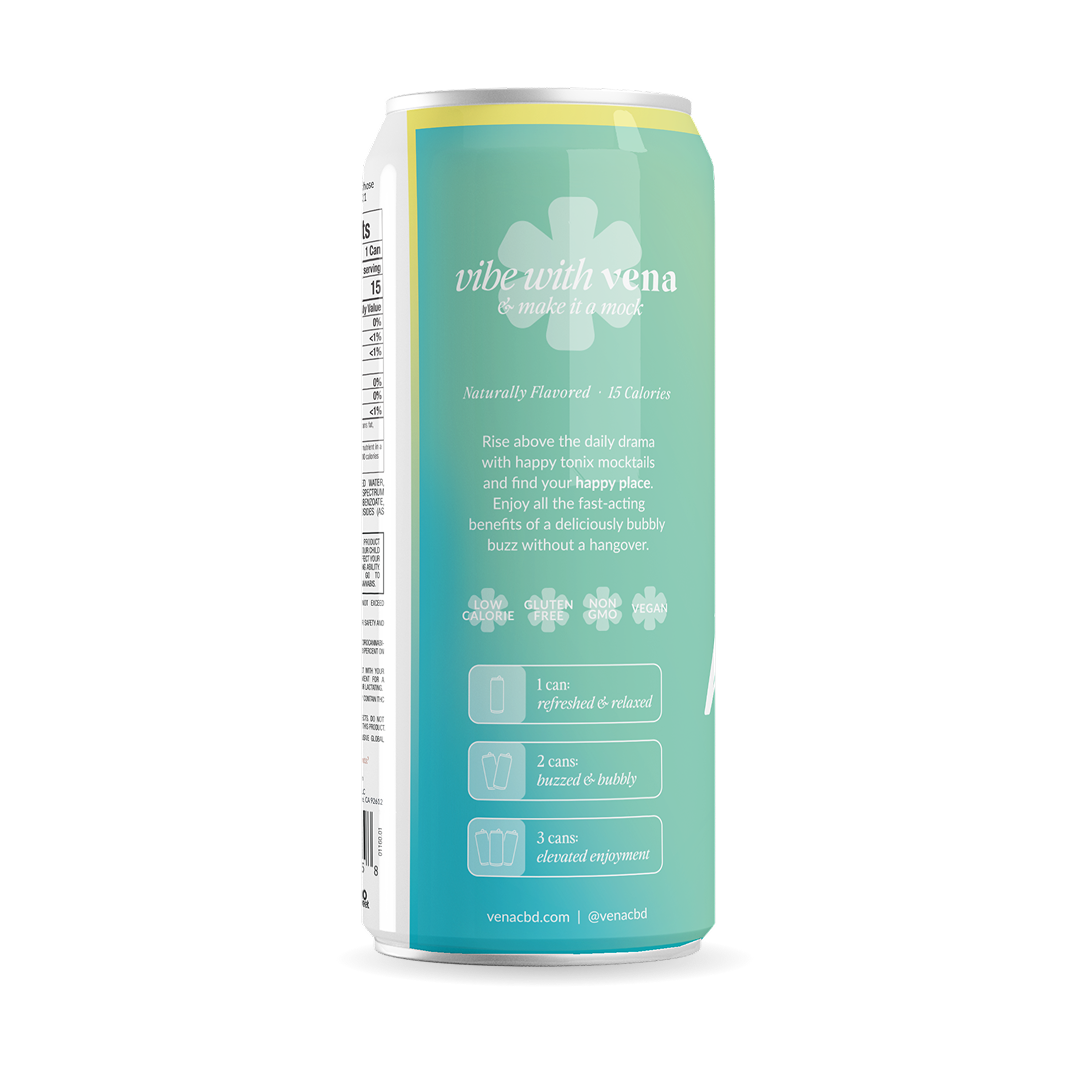 Back view of Low Calorie THC Seltzer can showing tagline vibe with vena, Naturally Flavored 15 Calories, serving guidance and icons for low calorie, gluten free, non GMO, vegan on white background