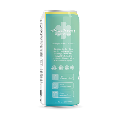 Back view of Low Calorie THC Seltzer can showing tagline vibe with vena, Naturally Flavored 15 Calories, serving guidance and icons for low calorie, gluten free, non GMO, vegan on white background