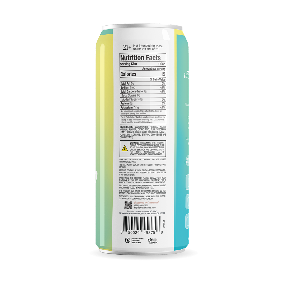 Back of Low Calorie THC Seltzer can showing Nutrition Facts panel, ingredients list, warning label, and barcode on white background
