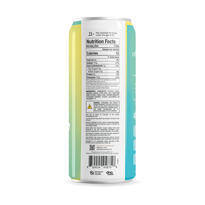 Back of Low Calorie THC Seltzer can showing Nutrition Facts panel, ingredients list, warning label, and barcode on white background