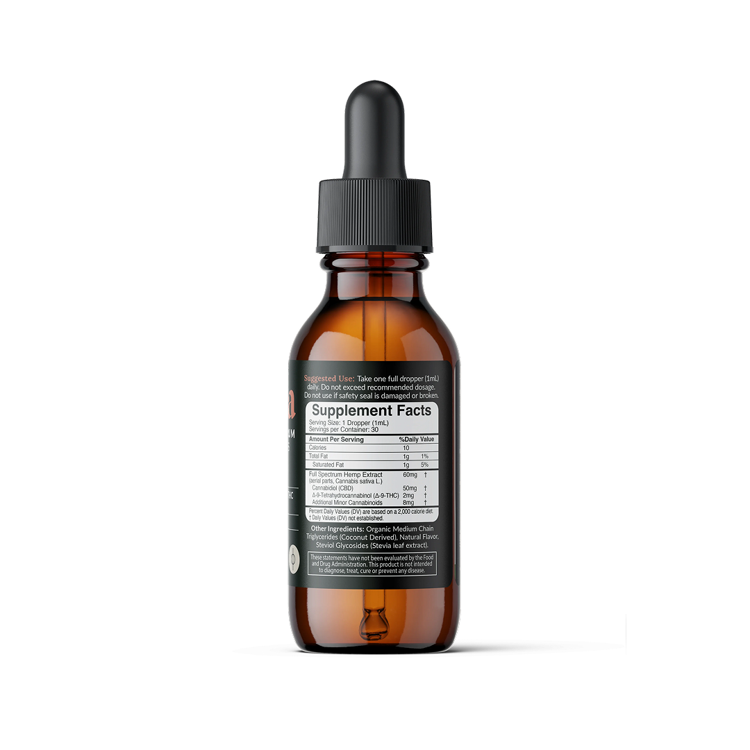 Back view of Full Spectrum CBD tincture bottle showing Supplement Facts label with serving size and CBD and THC amounts