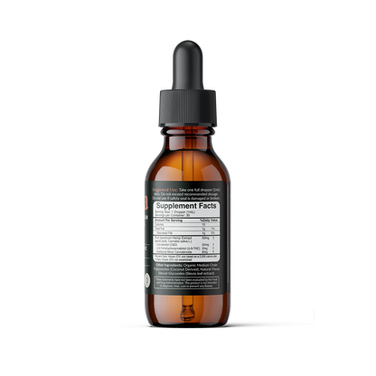 Back view of Full Spectrum CBD tincture bottle showing Supplement Facts label with serving size and CBD and THC amounts
